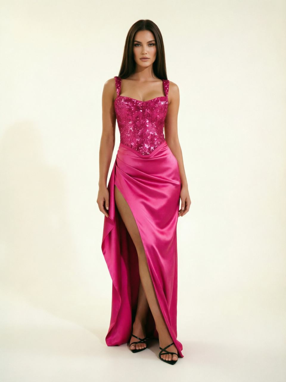Sequin Corset Satin High Slit Formal Maxi Dress