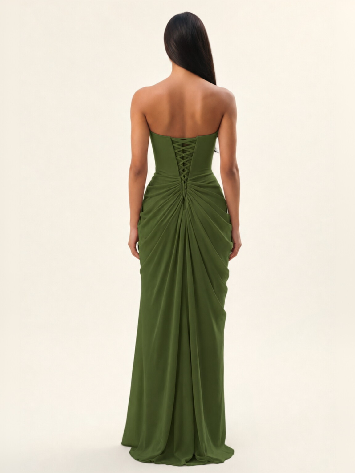 Strapless Ruched High Slit Maxi Dress