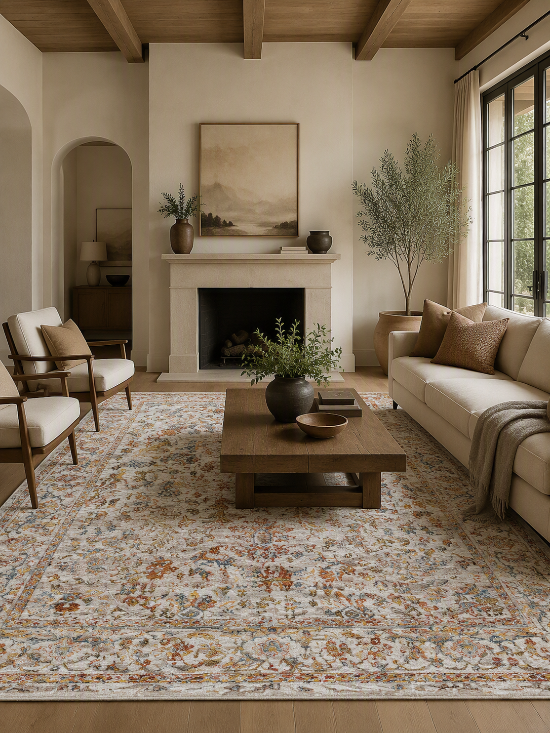 Vintage Bohemian Faded Leaves Area Rug