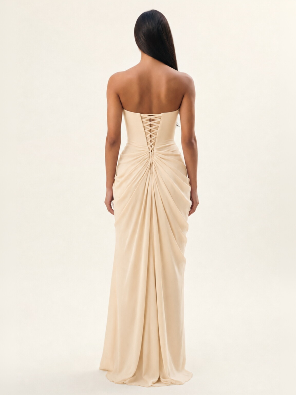 Strapless Ruched High Slit Maxi Dress