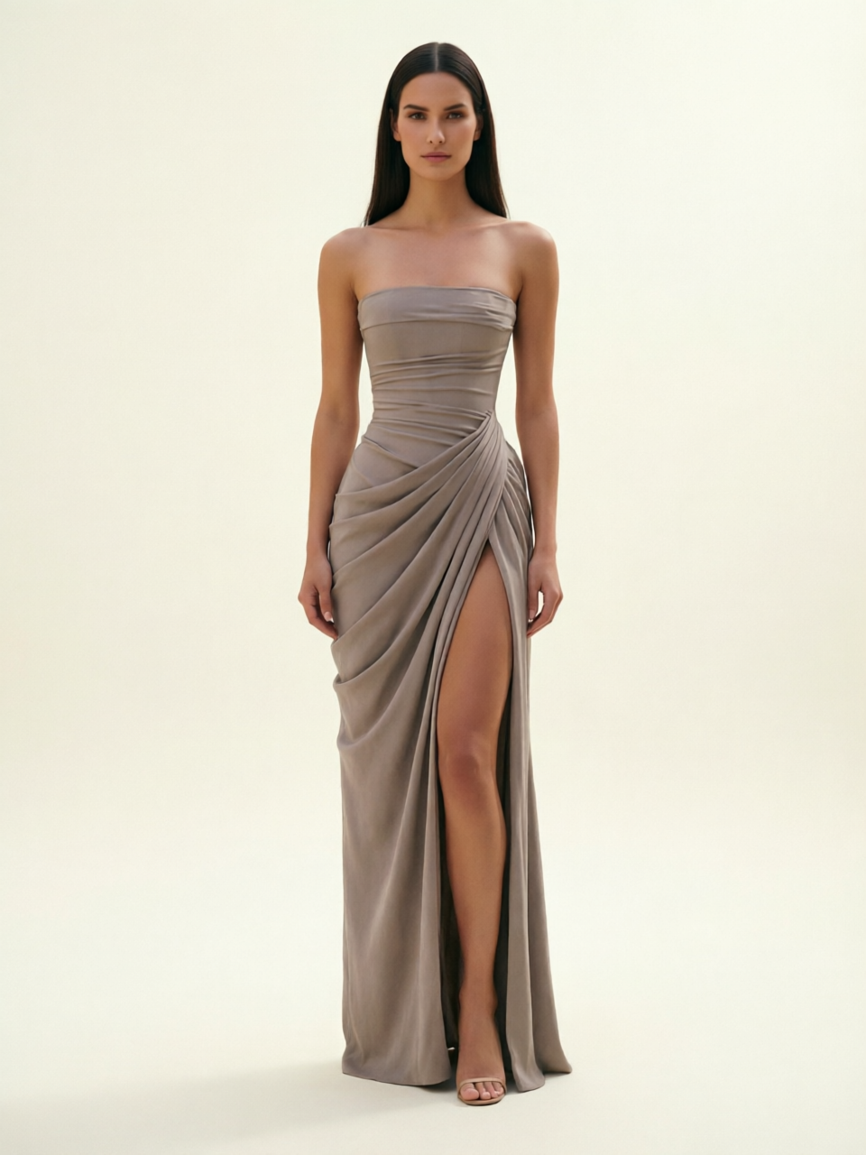 Strapless Ruched High Slit Maxi Dress