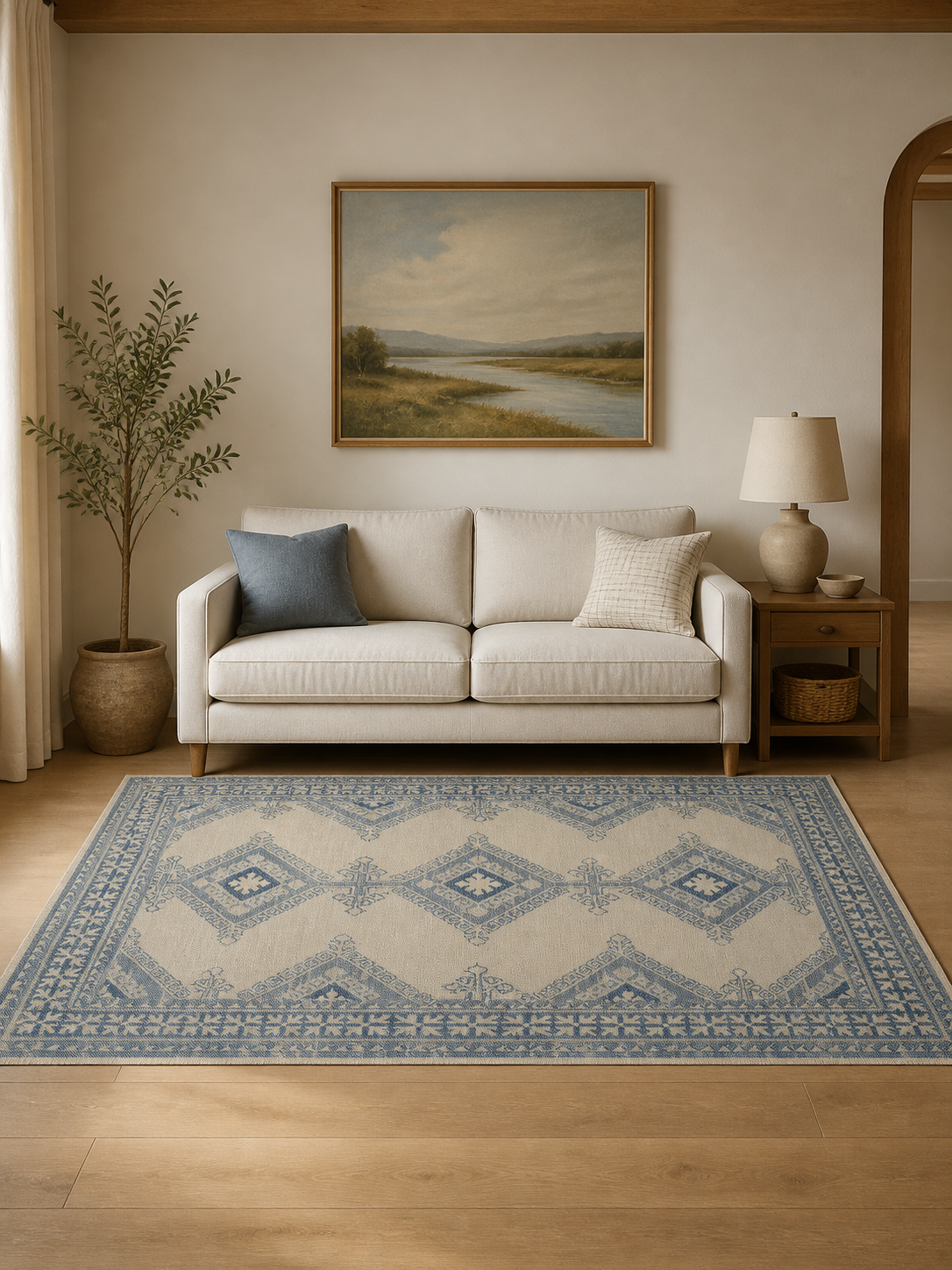 Blue Beige Vintage Tribal Geometric Area Rug