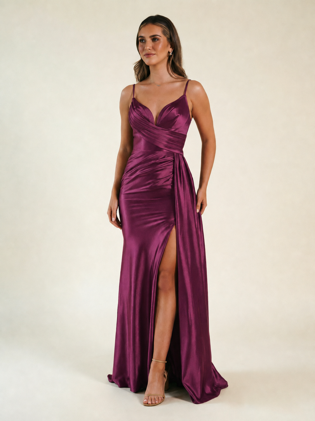 V-neck satin fine bandeau fitted high slit long dress