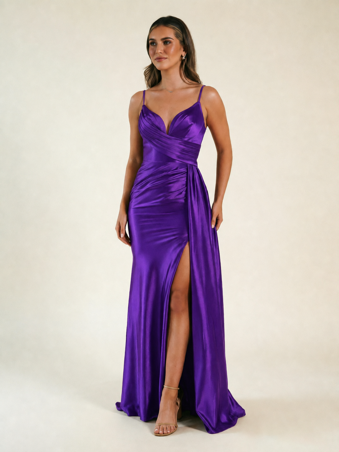 V-neck satin fine bandeau fitted high slit long dress