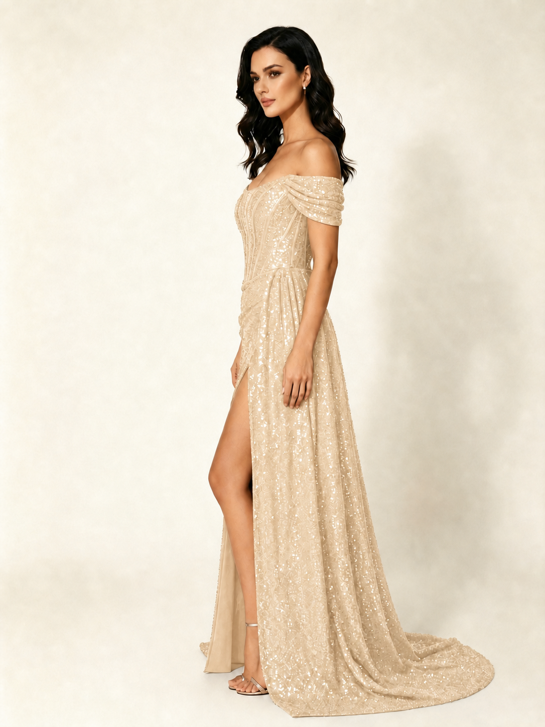 Off Shoulder Sequin High Slit Dress with Train