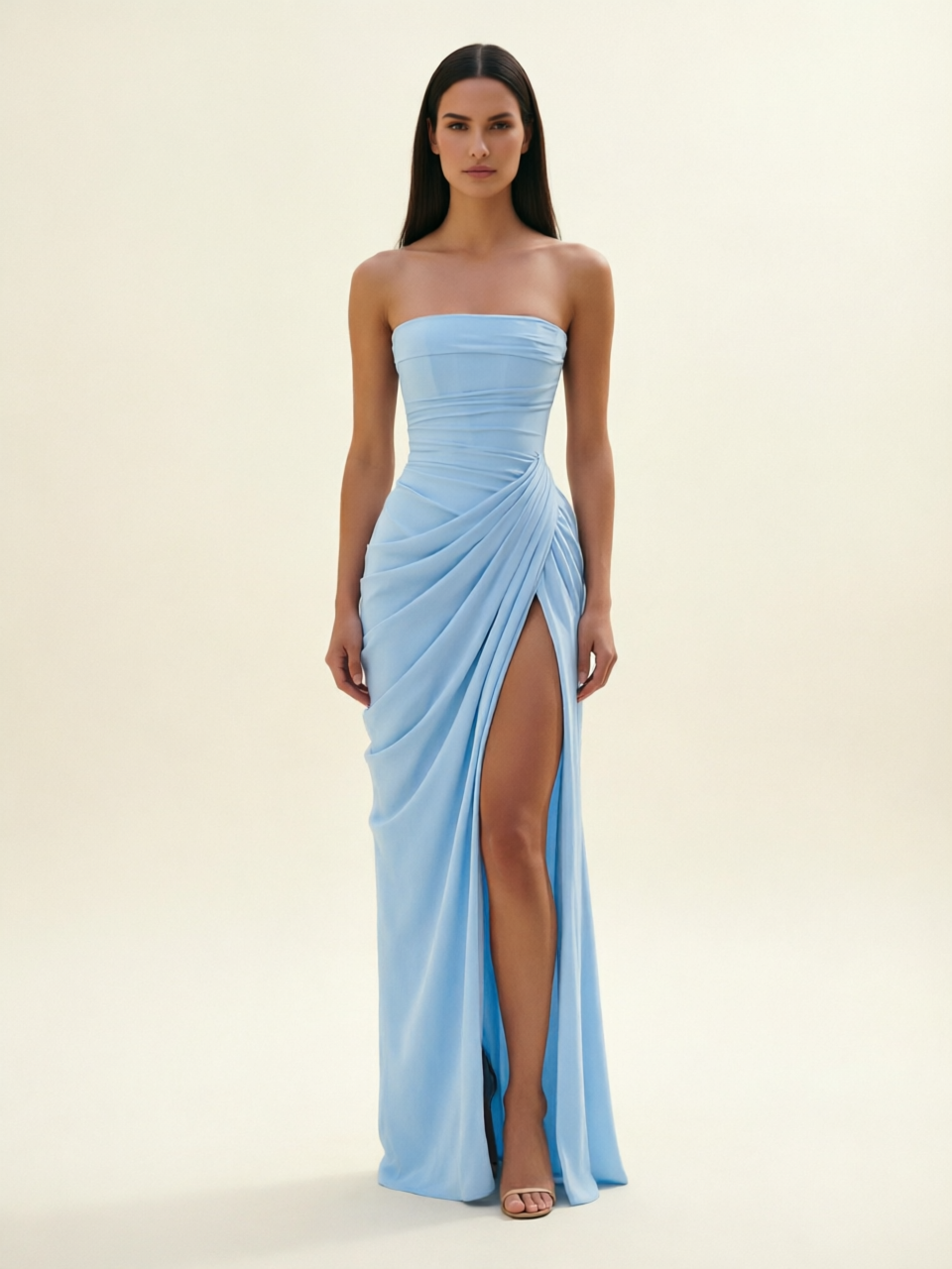 Strapless Ruched High Slit Maxi Dress