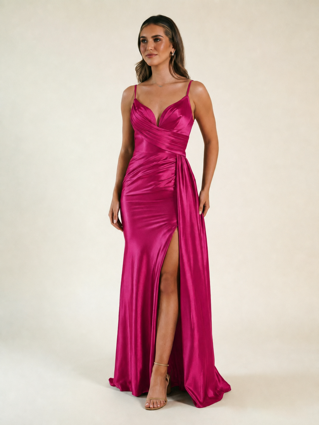 V-neck satin fine bandeau fitted high slit long dress