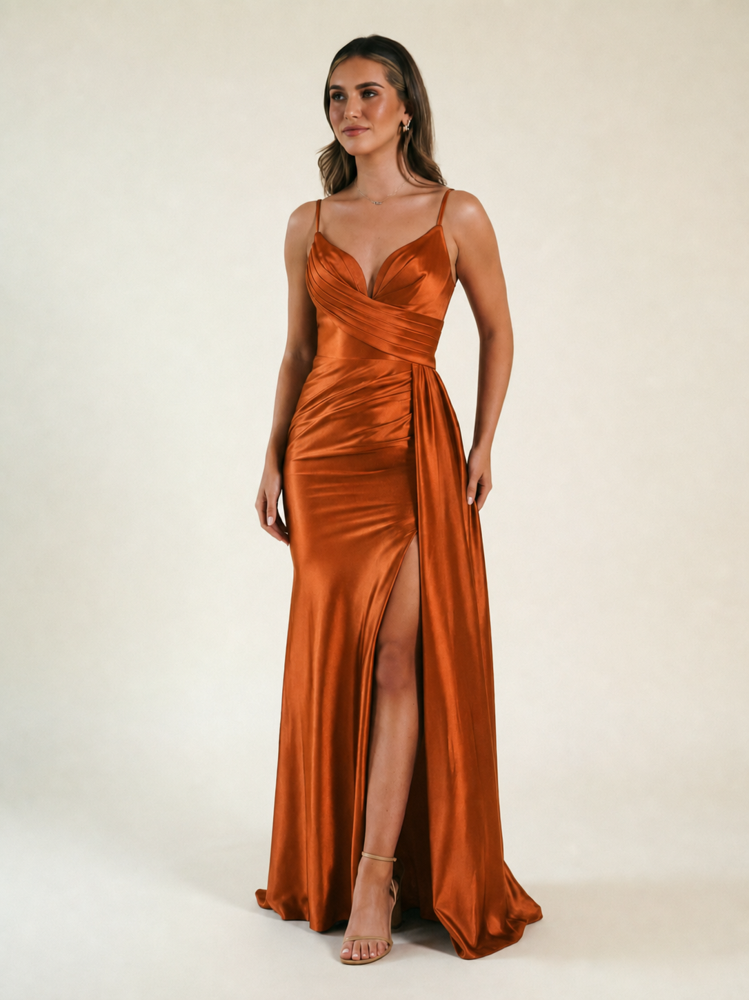V-neck satin fine bandeau fitted high slit long dress