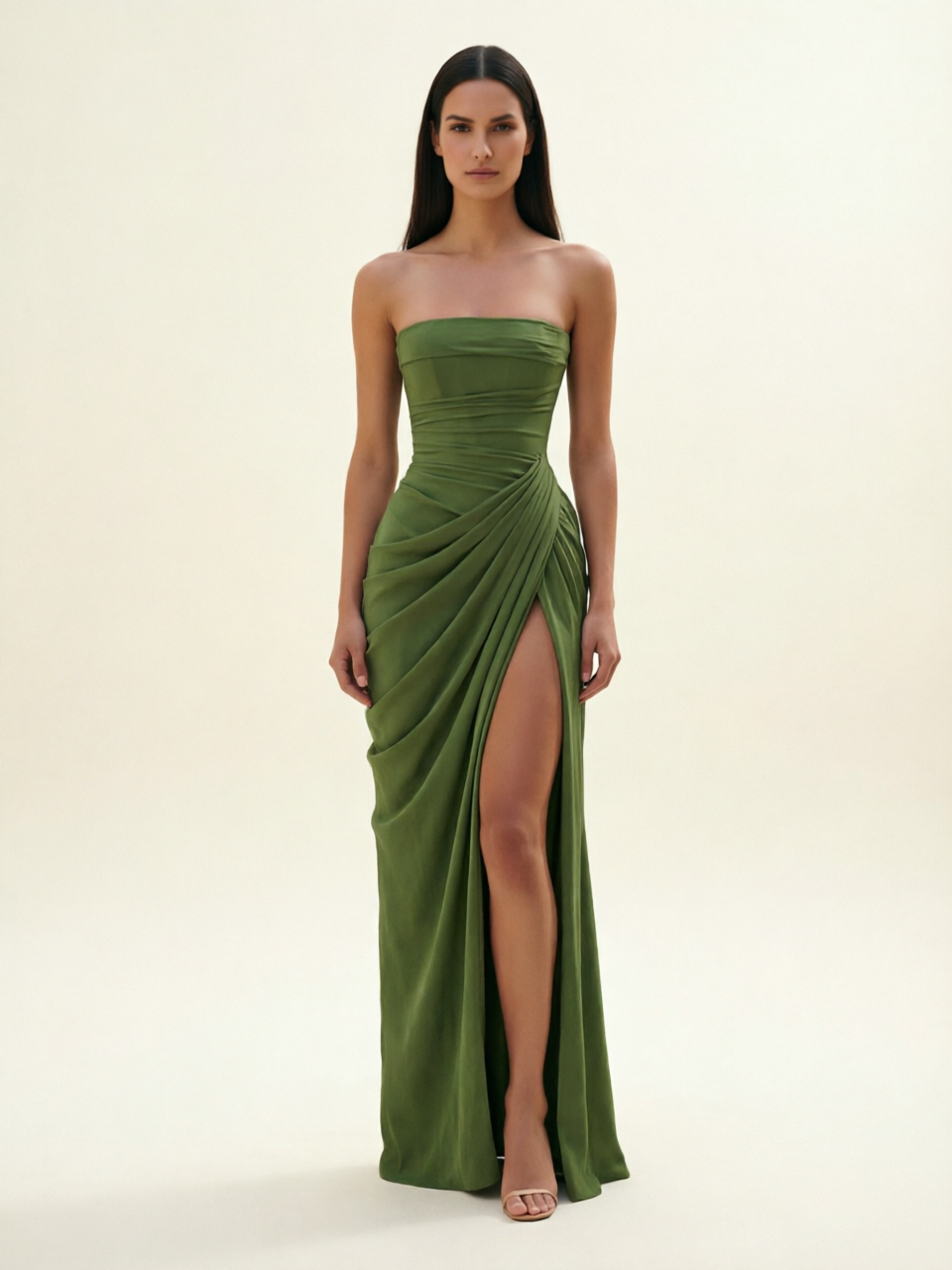 Strapless Ruched High Slit Maxi Dress