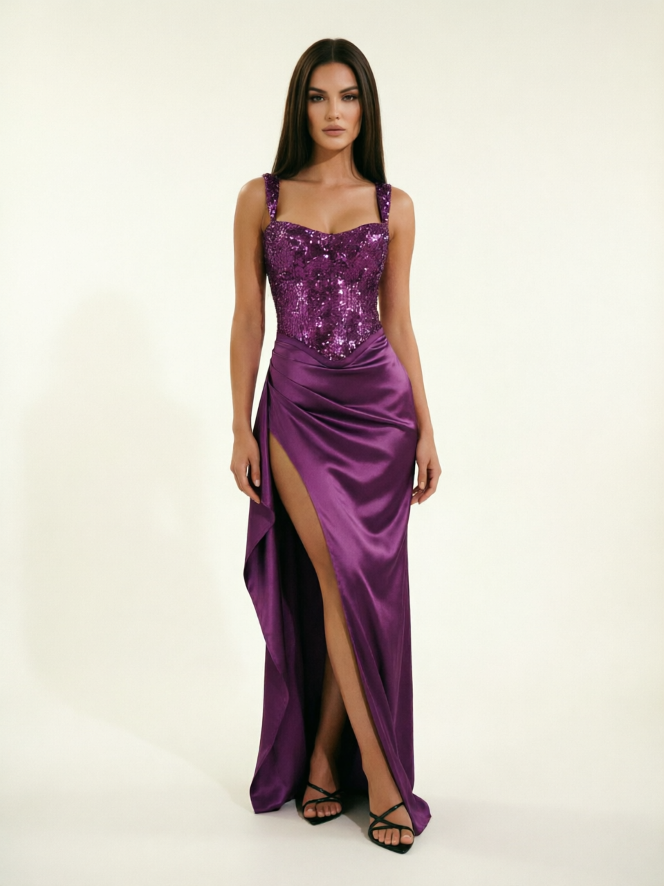 Sequin Corset Satin High Slit Formal Maxi Dress
