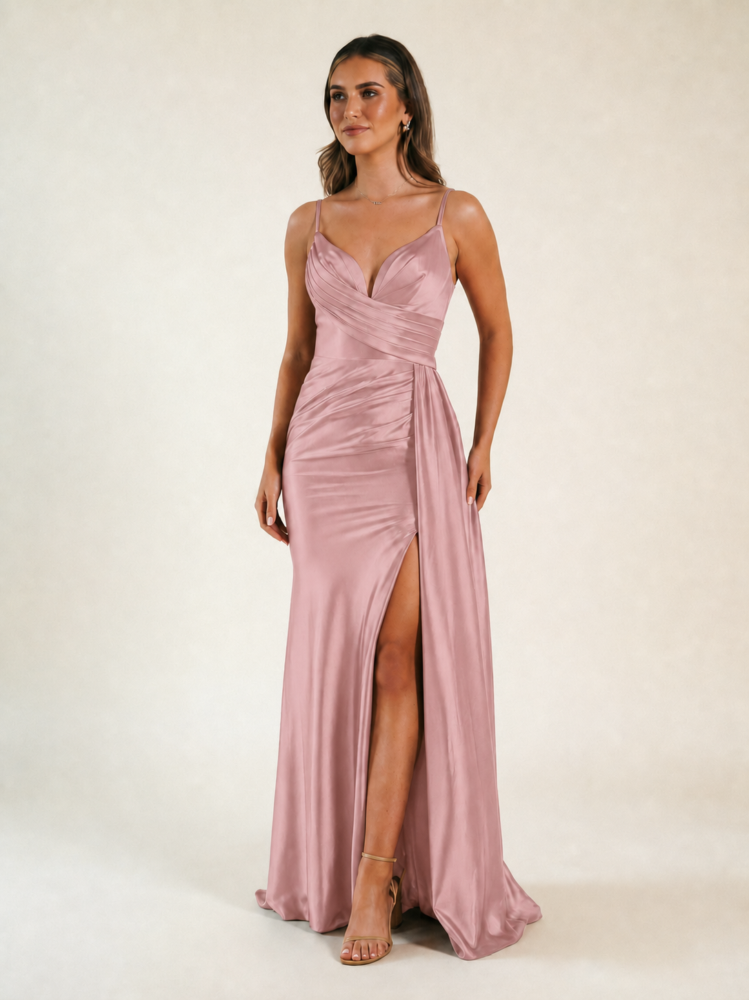 V-neck satin fine bandeau fitted high slit long dress