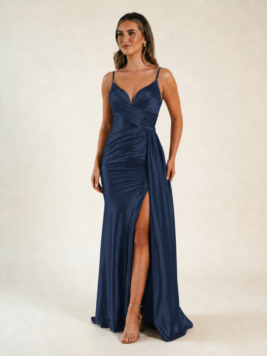 V-neck satin fine bandeau fitted high slit long dress