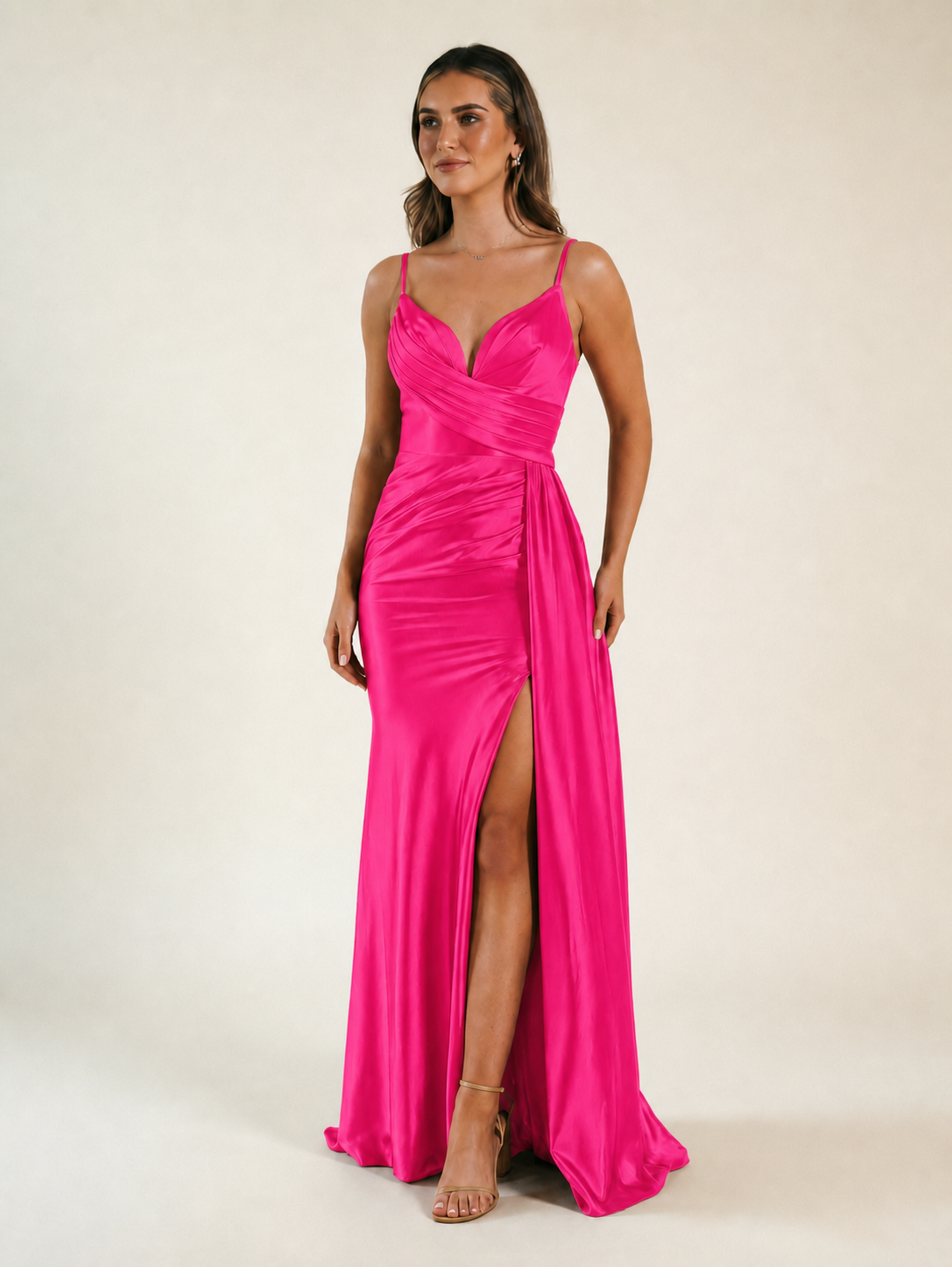 V-neck satin fine bandeau fitted high slit long dress