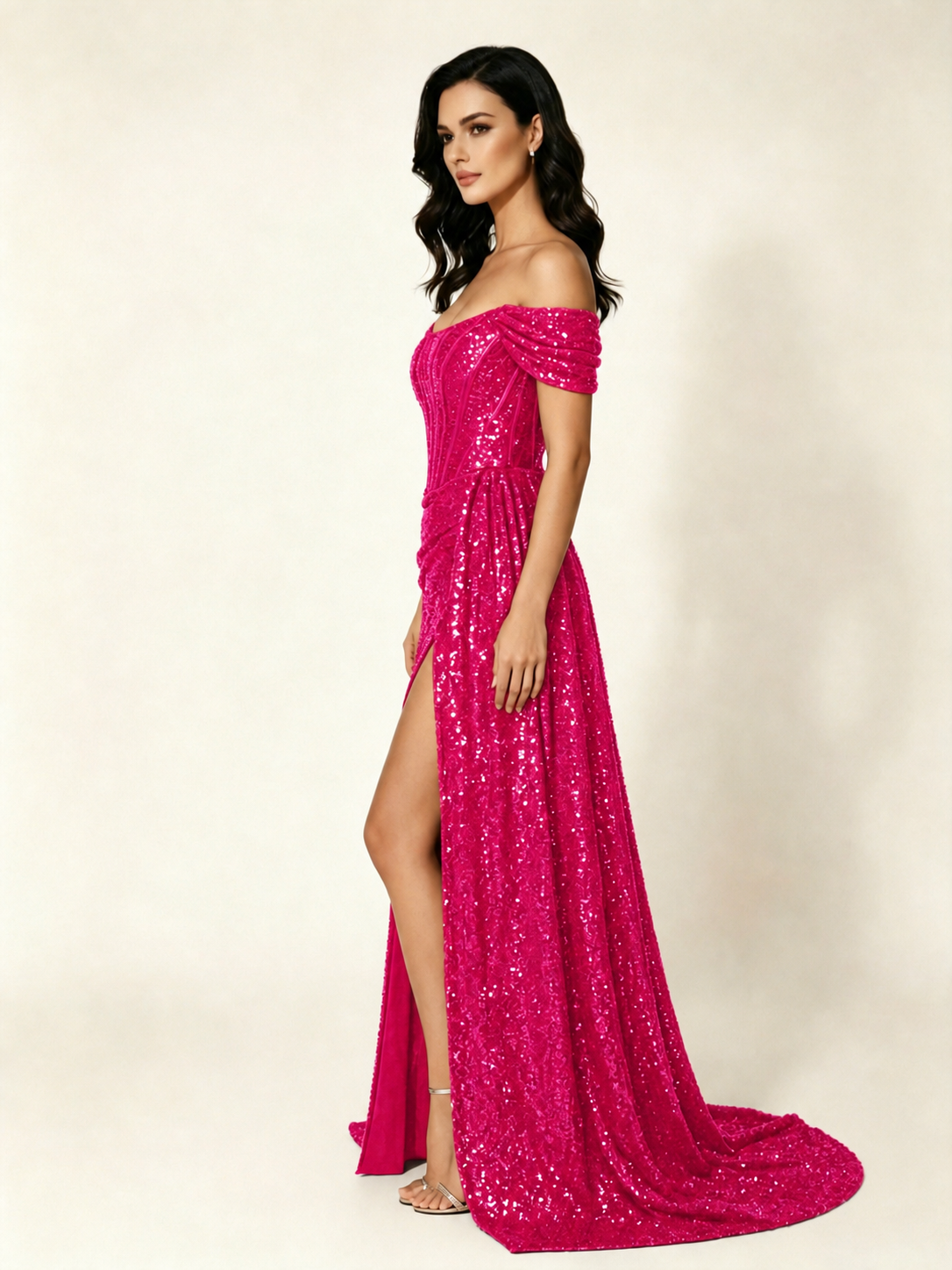 Off Shoulder Sequin High Slit Dress with Train