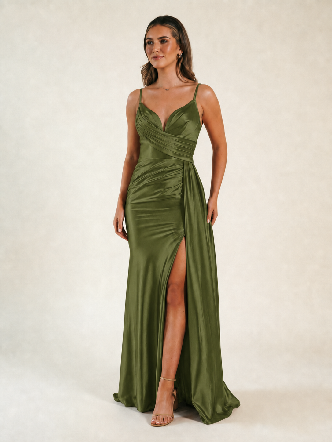 V-neck satin fine bandeau fitted high slit long dress