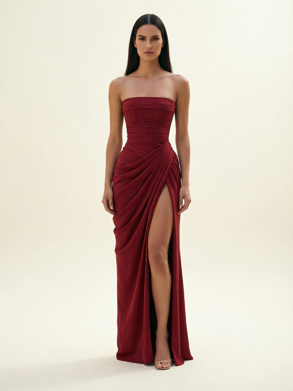 Strapless Ruched High Slit Maxi Dress