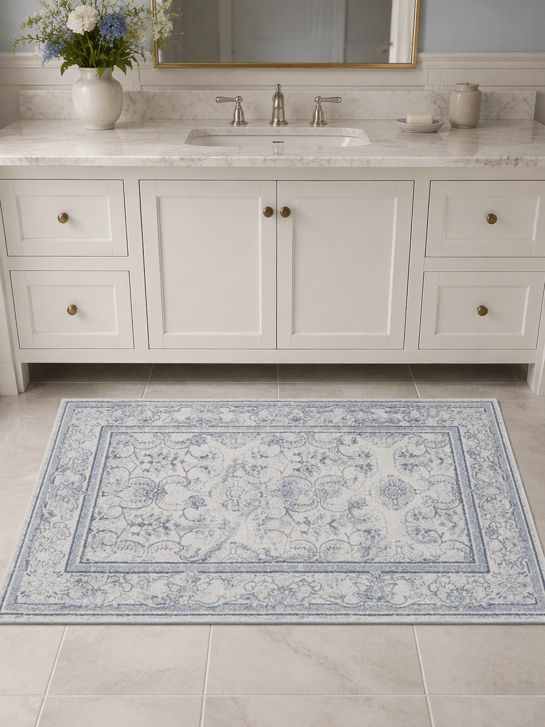 Blue Cream Vintage Oriental Machine Washable Area Rug
