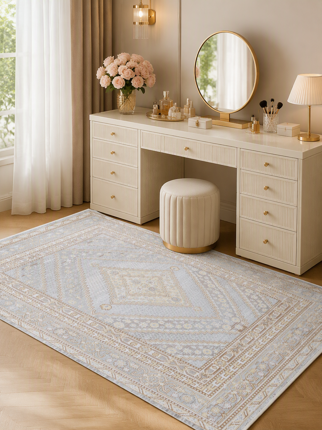 Light Blue Beige Vintage Medallion Area Rug