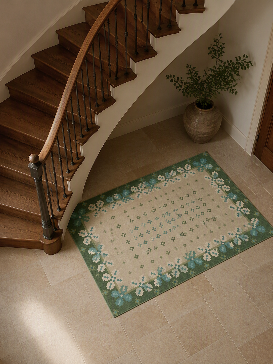 Vintage Green Blue Geometric Border Short‑Pile Area Rug