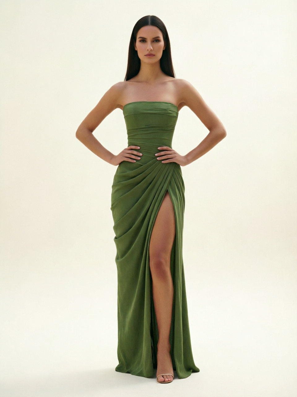 Strapless Ruched High Slit Maxi Dress