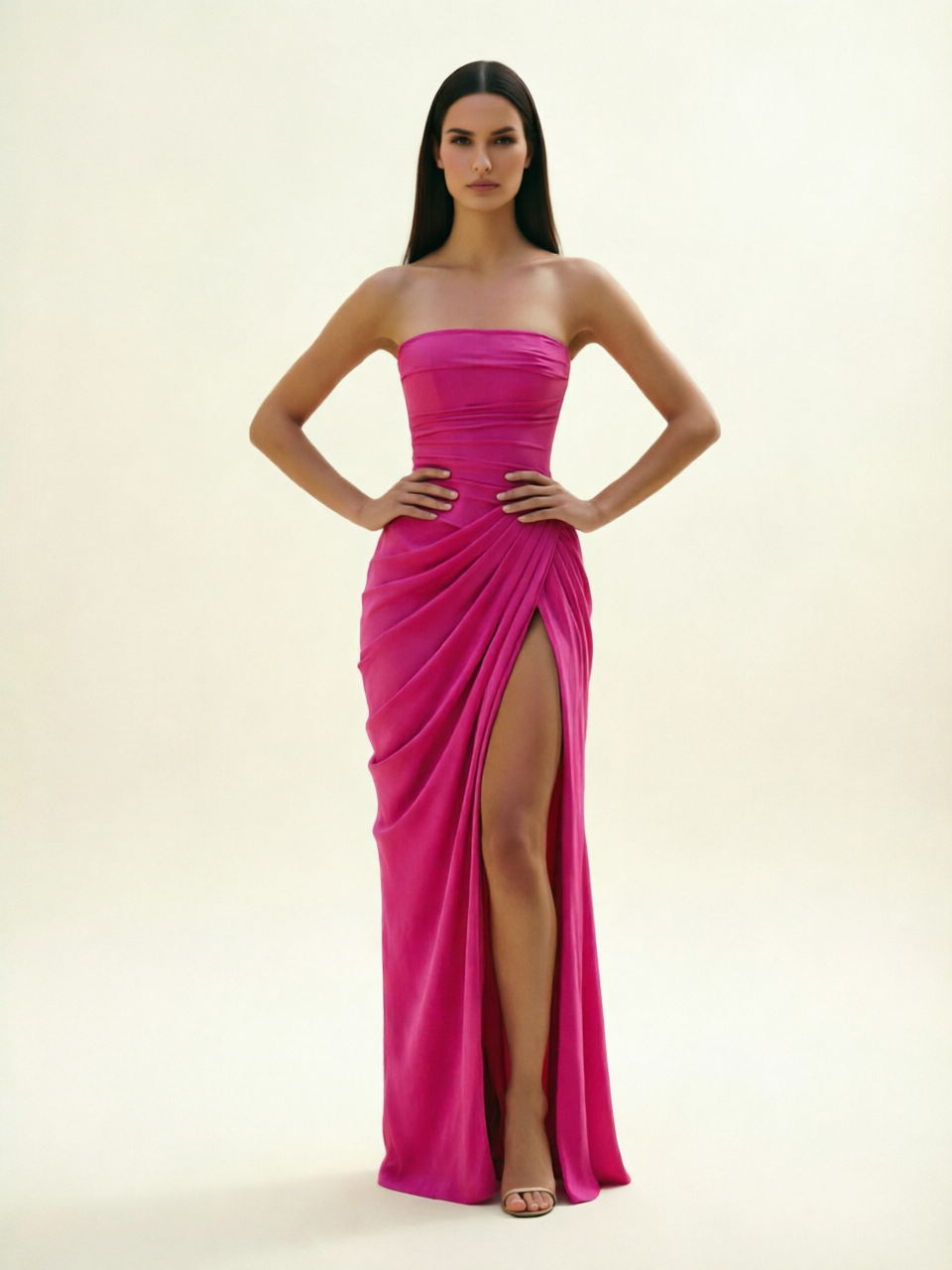 Strapless Ruched High Slit Maxi Dress