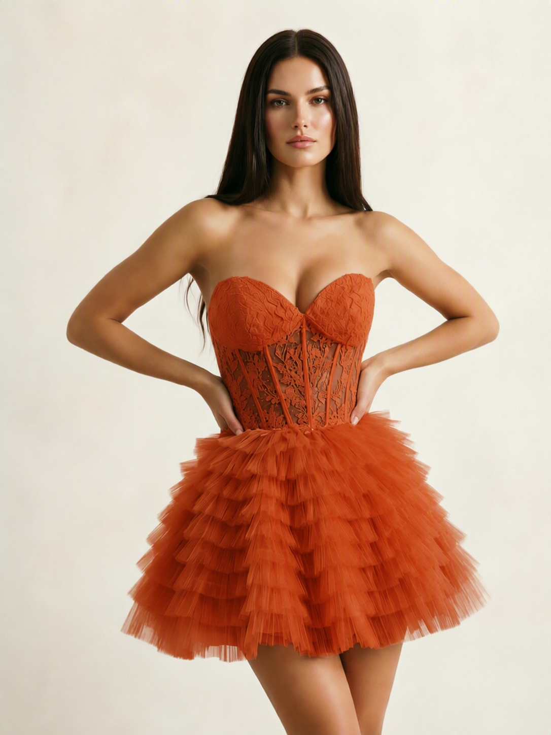 Strapless Lace Corset Tiered Tulle Mini Dress