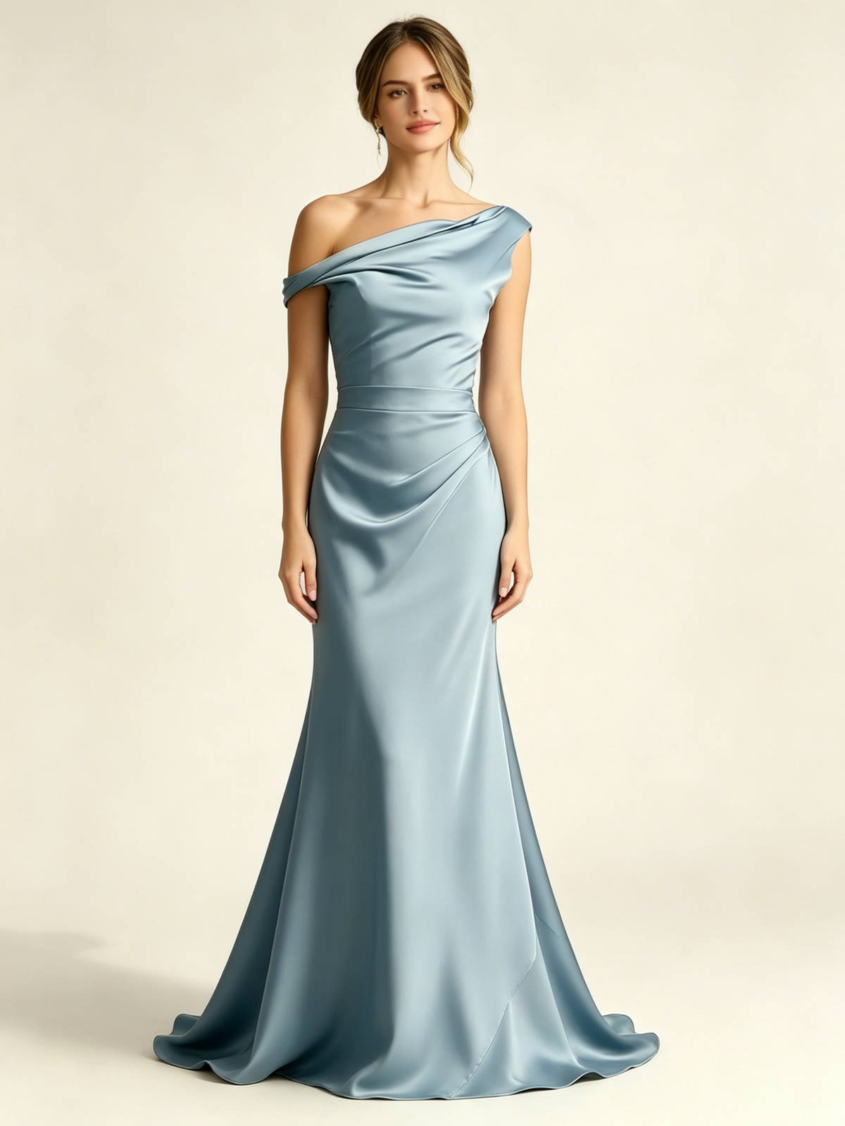 Satin Mermaid Bridesmaid Maxi Dress, Asymmetrical Off Shoulder Ruched Waist Open Back