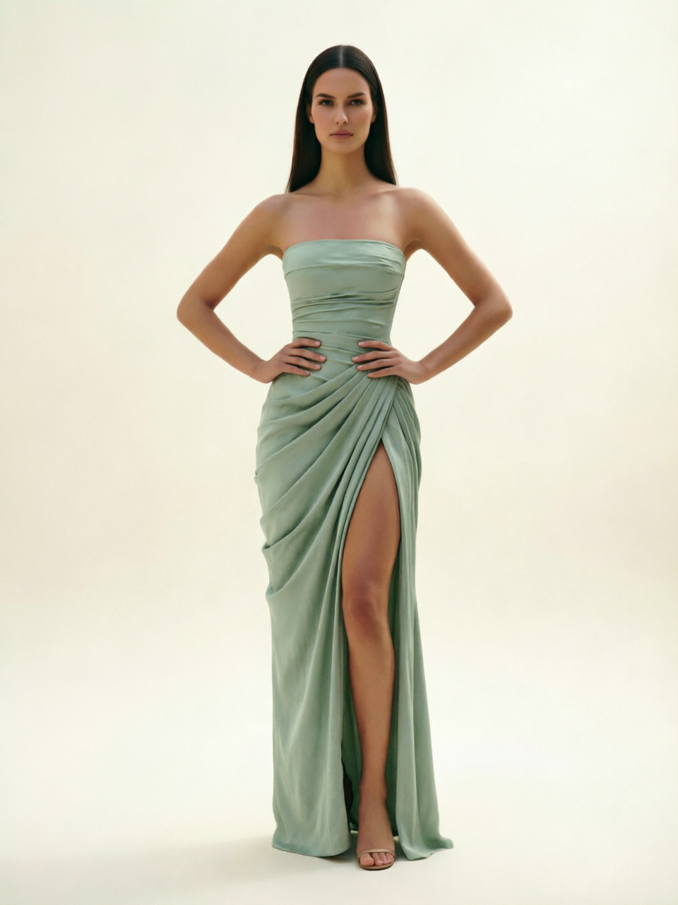Strapless Ruched High Slit Maxi Dress