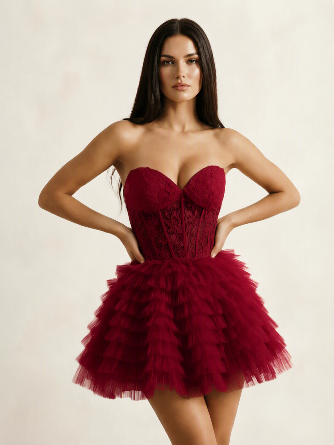 Strapless Lace Corset Tiered Tulle Mini Dress