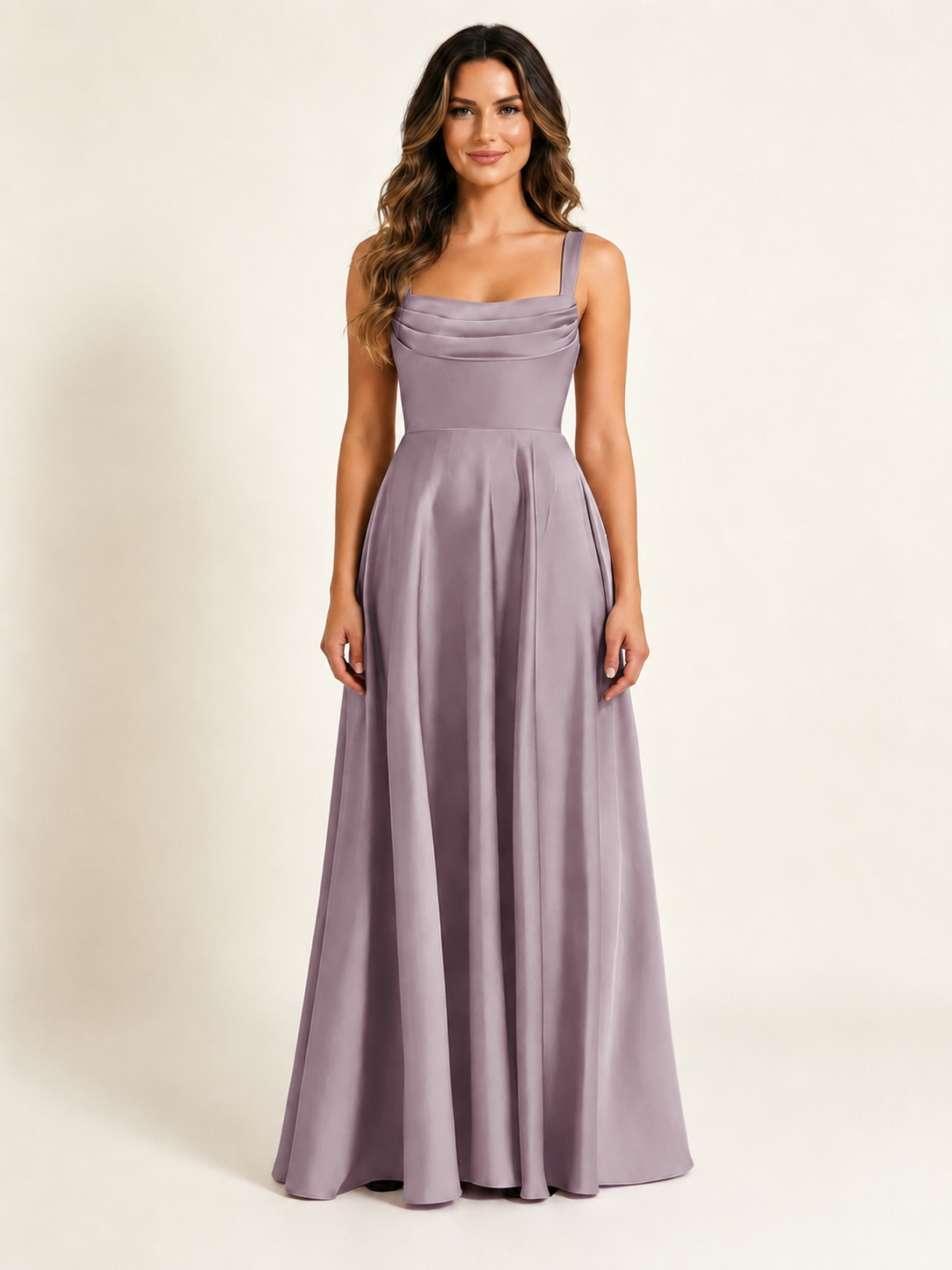 Satin Draped Cowl Square Neck A-Line Maxi Bridesmaid Dress