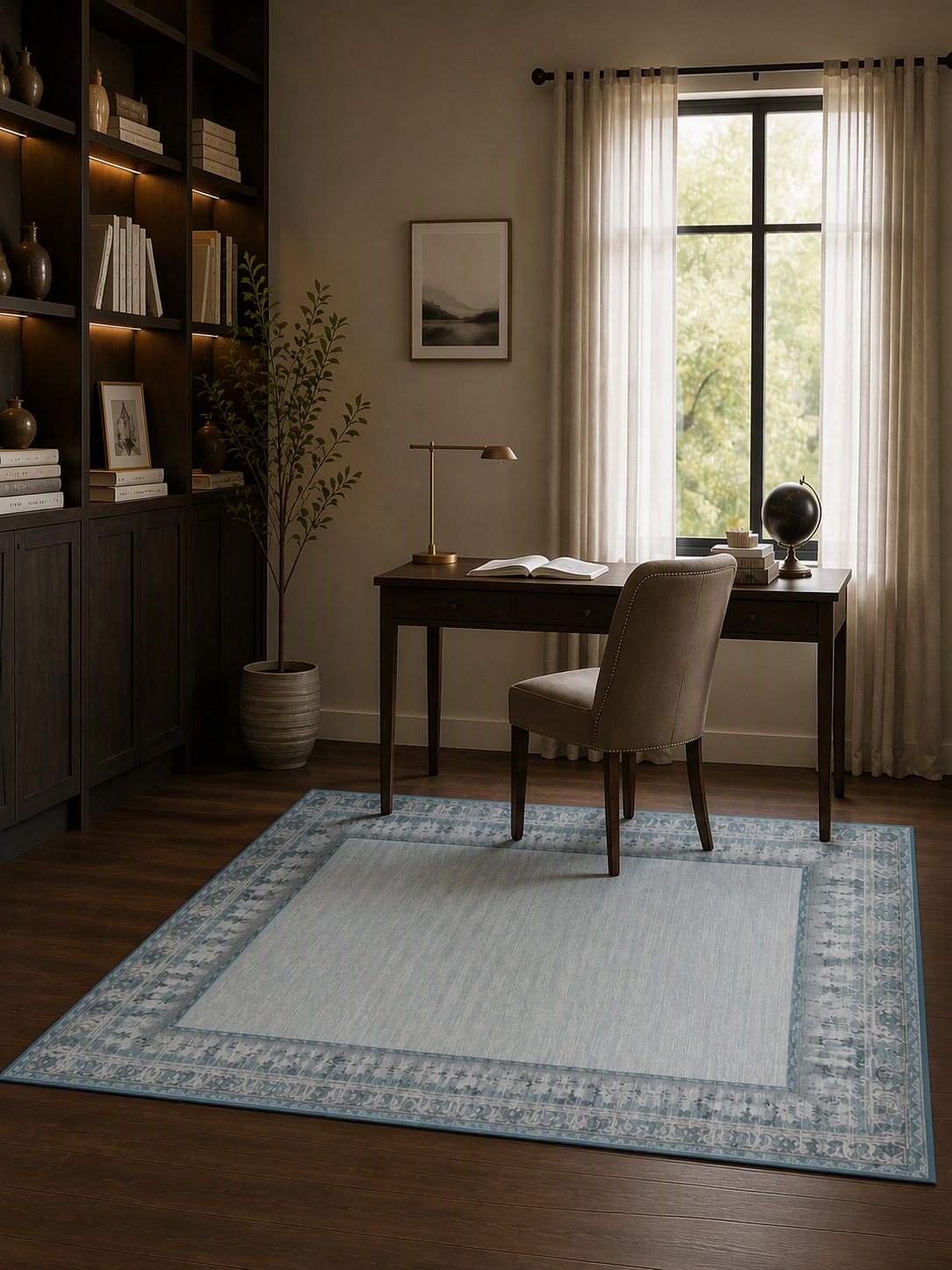 Elegant Transitional Faded Ornamental Border Area Rug