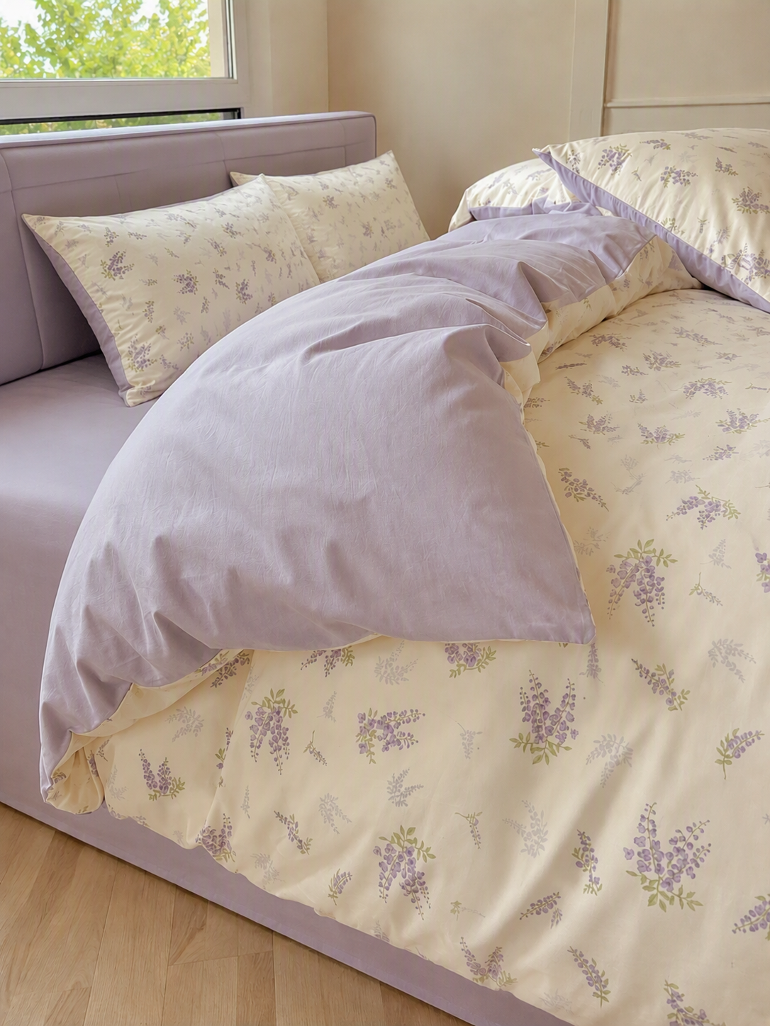 Cream Lavender Floral 100% Cotton Bedding Set