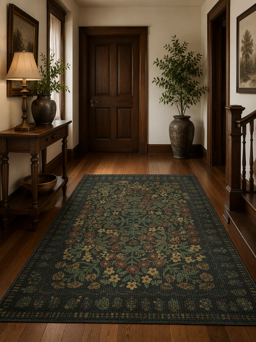 Dark Botanical Non‑Slip Area Rug