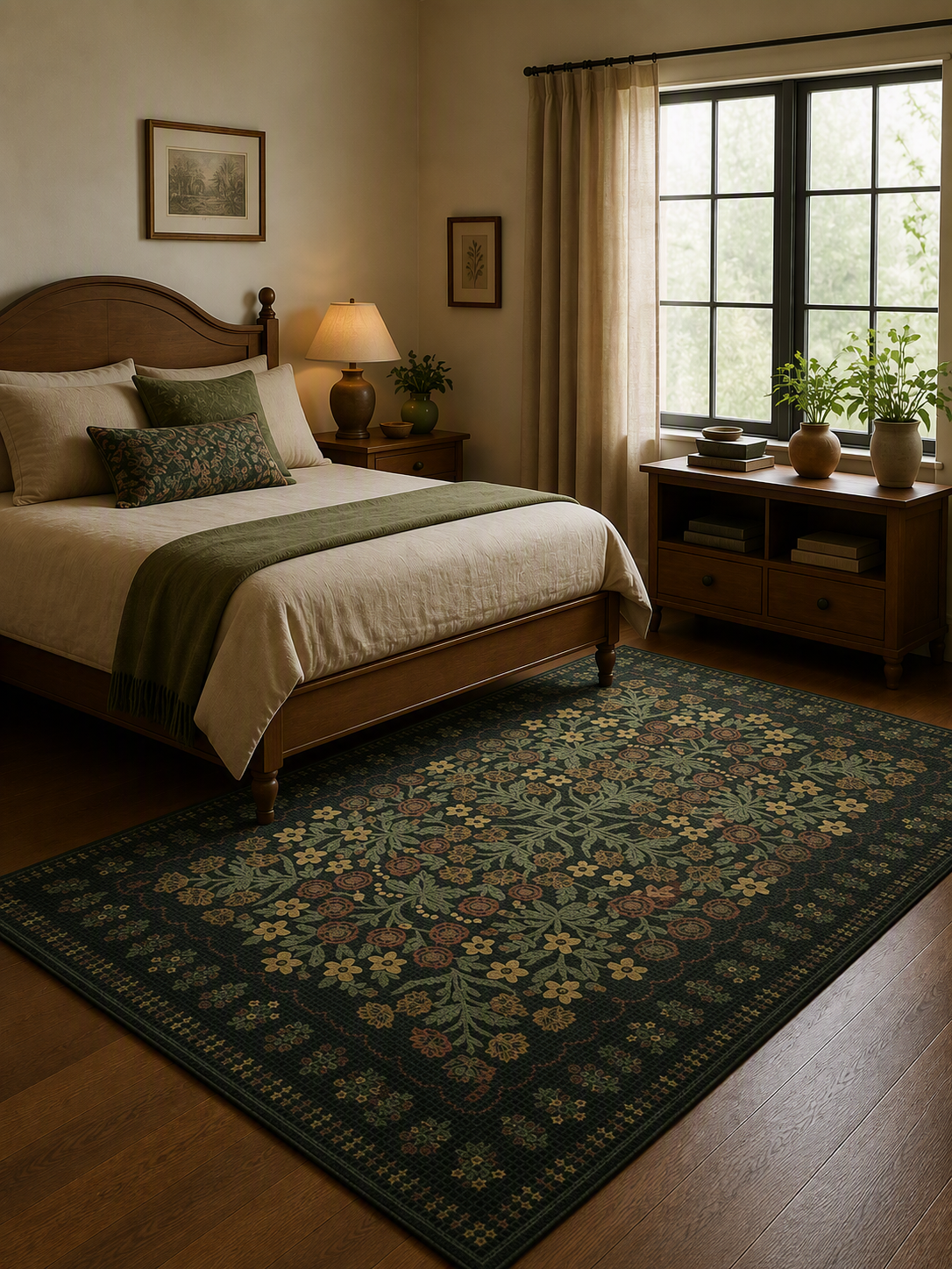 Dark Botanical Non‑Slip Area Rug