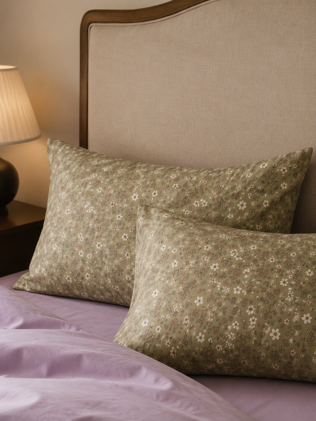 5-Piece Vintage Ditsy Floral Olive Green & Lavender Reversible Bedding Set