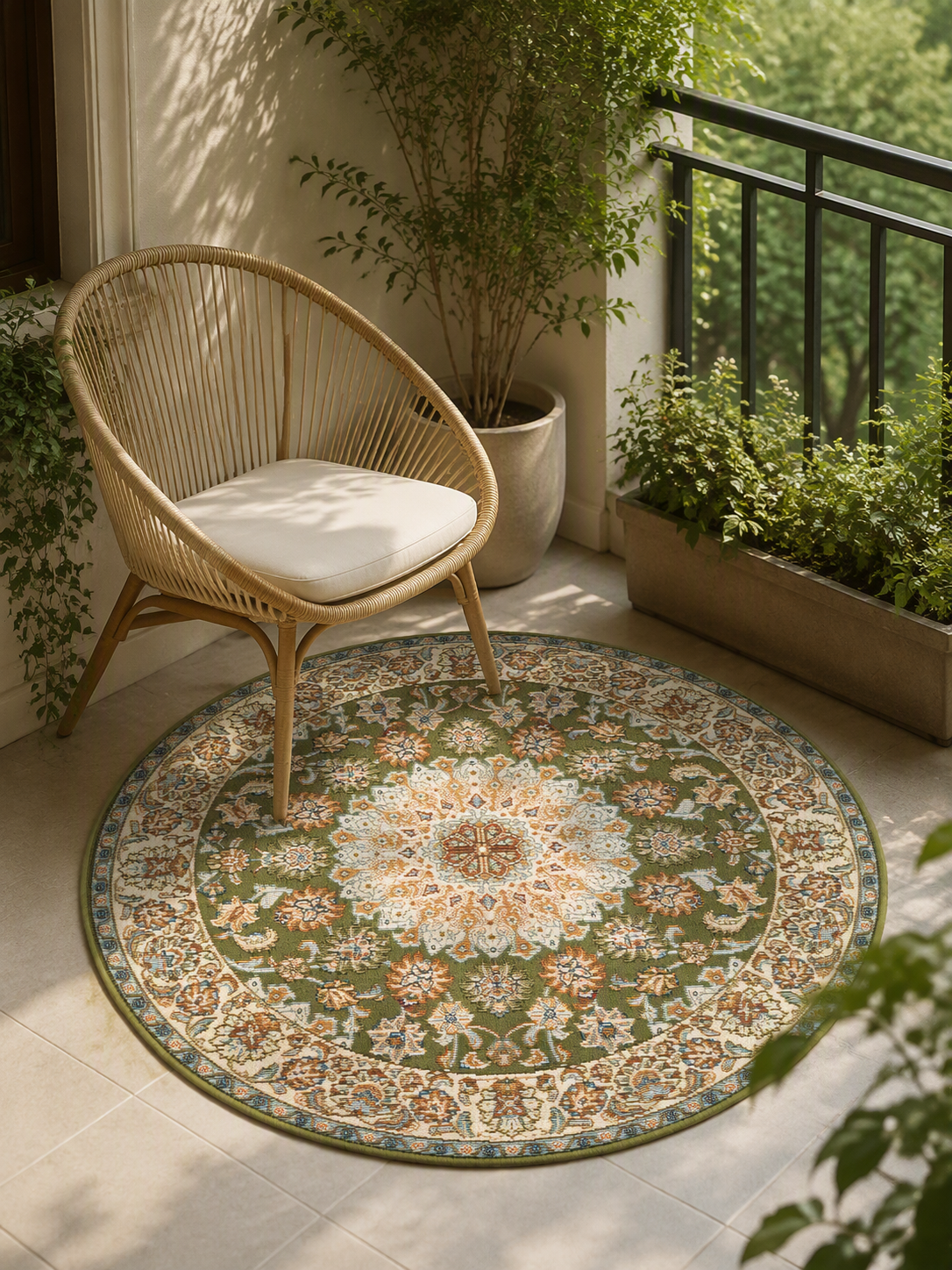Persian Floral Green Washable Round Area Rug
