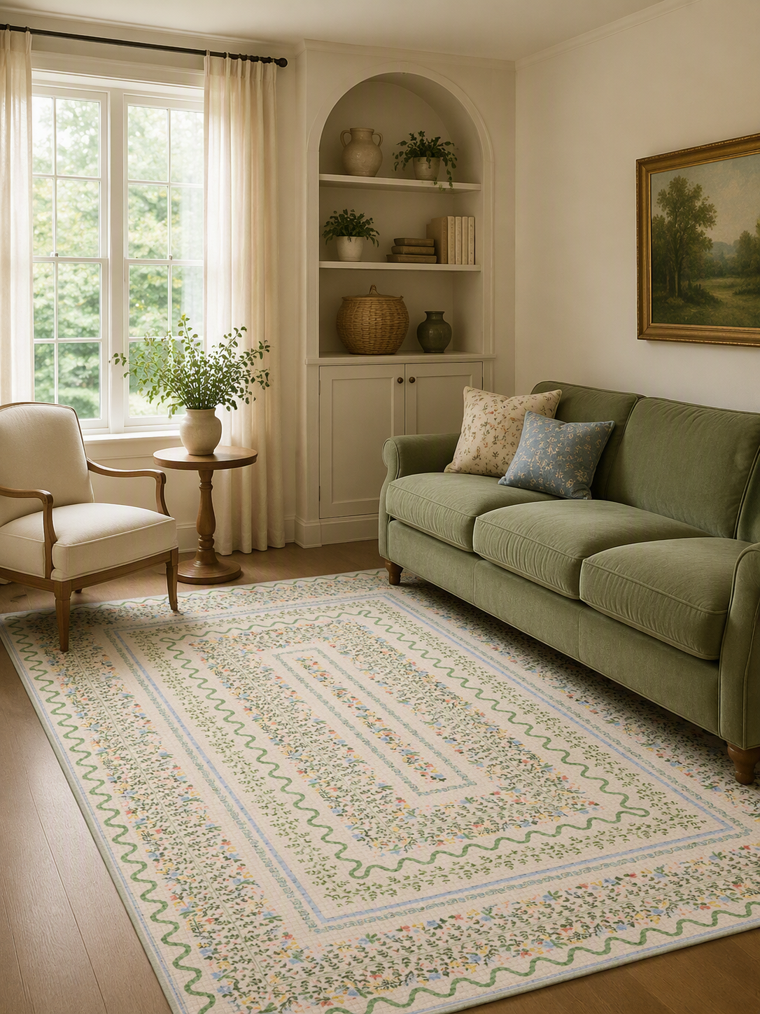 Garden‑Style Floral Scalloped Border Non‑Slip Area Rug