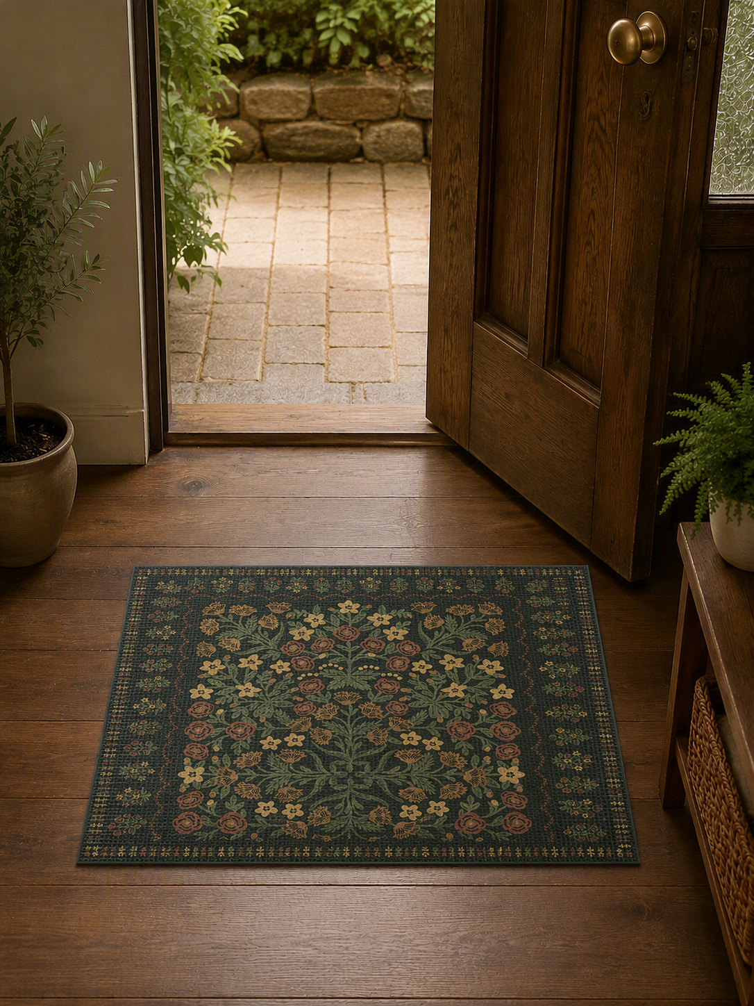 Dark Botanical Non‑Slip Area Rug