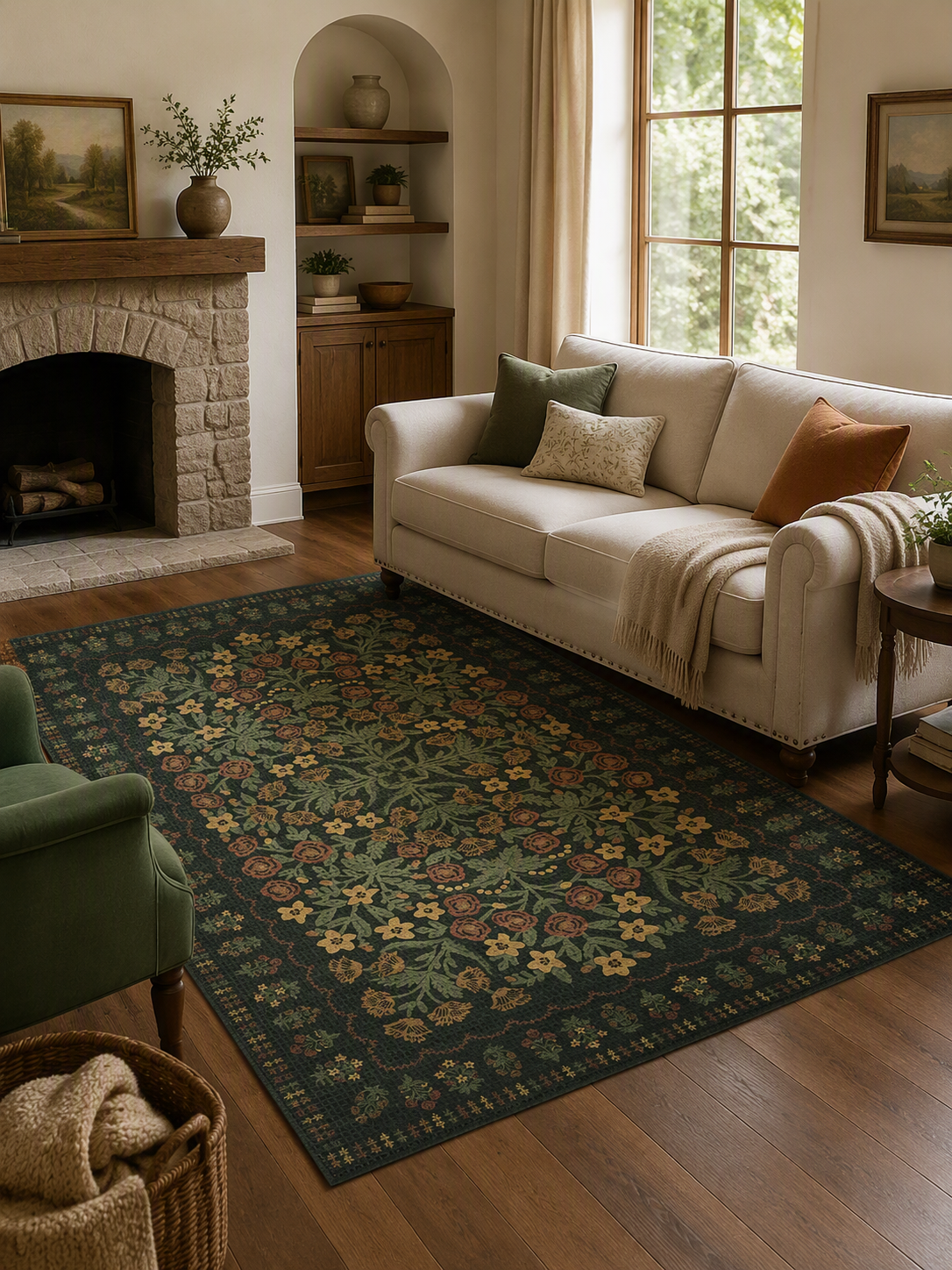 Dark Botanical Non‑Slip Area Rug