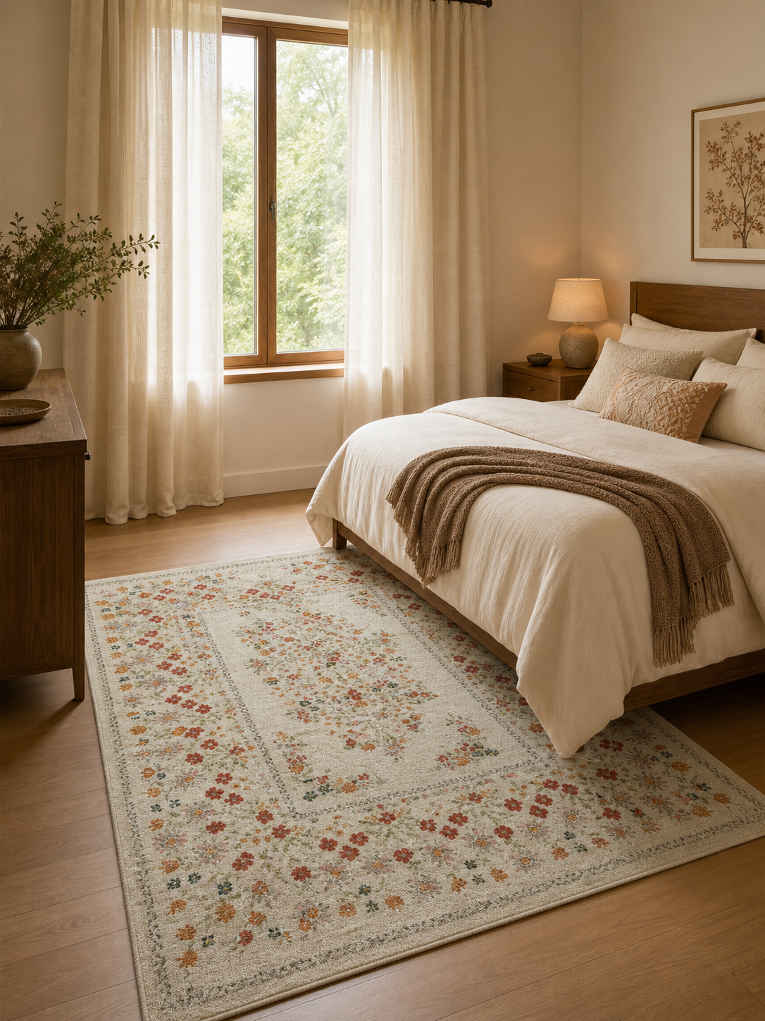 Traditional Floral Border Short Pile Area Rug
