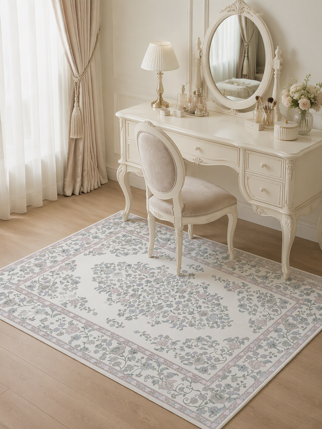French Floral Low Pile Non-Slip Area Rug