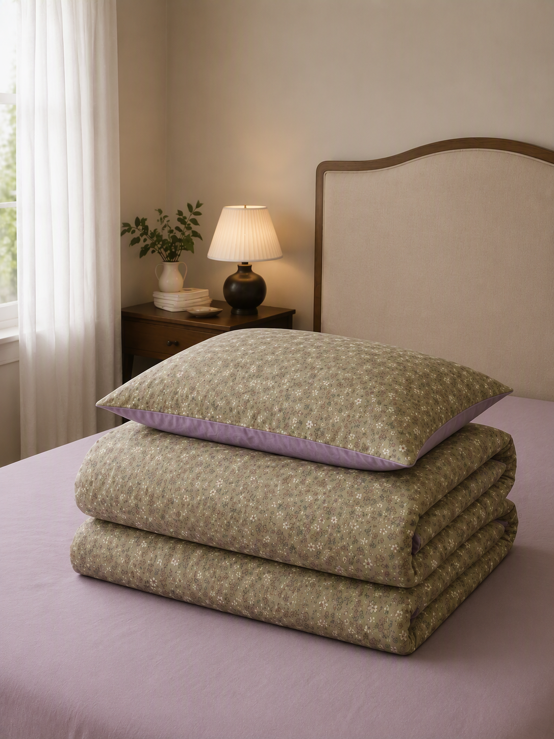 5-Piece Vintage Ditsy Floral Olive Green & Lavender Reversible Bedding Set