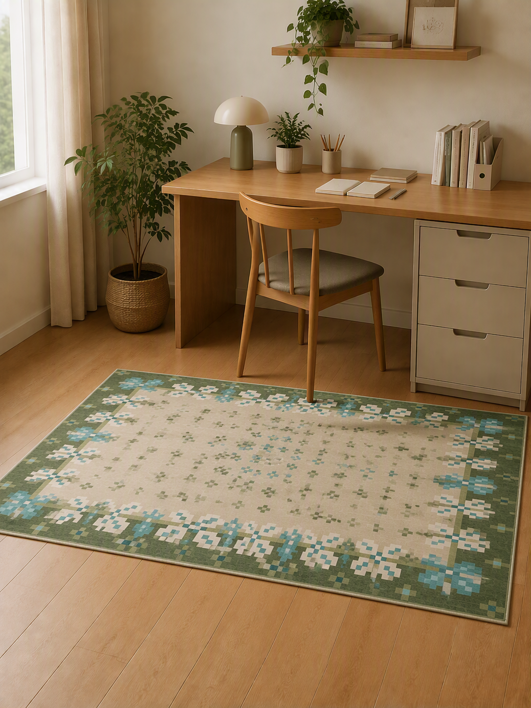Vintage Green Blue Geometric Border Short‑Pile Area Rug