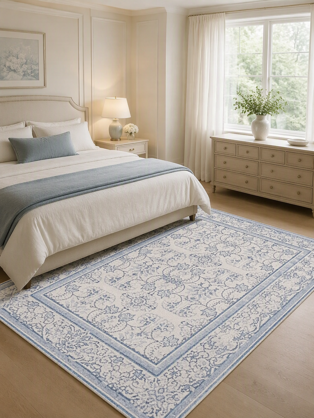 Blue Cream Vintage Oriental Machine Washable Area Rug