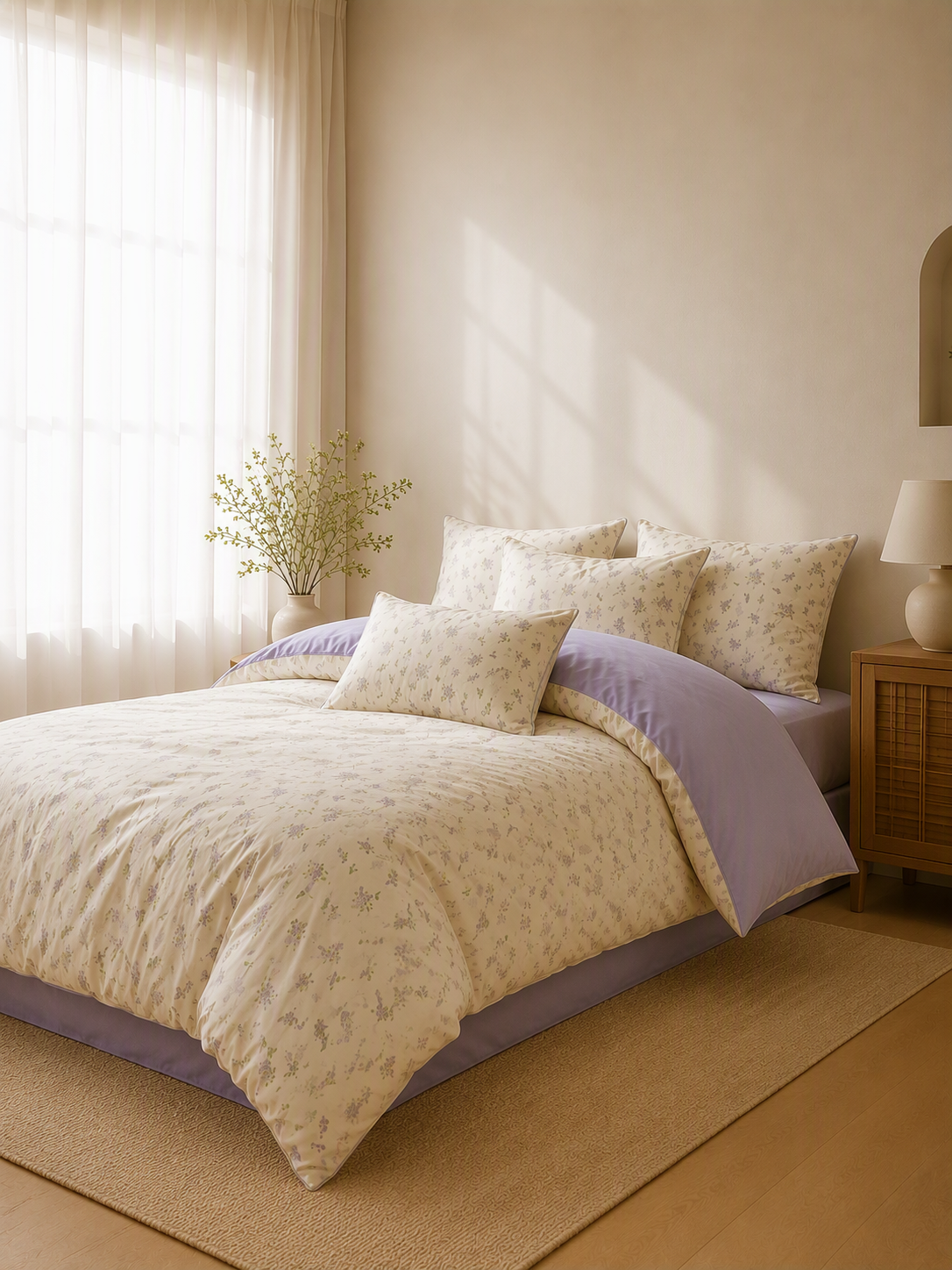 Cream Lavender Floral 100% Cotton Bedding Set