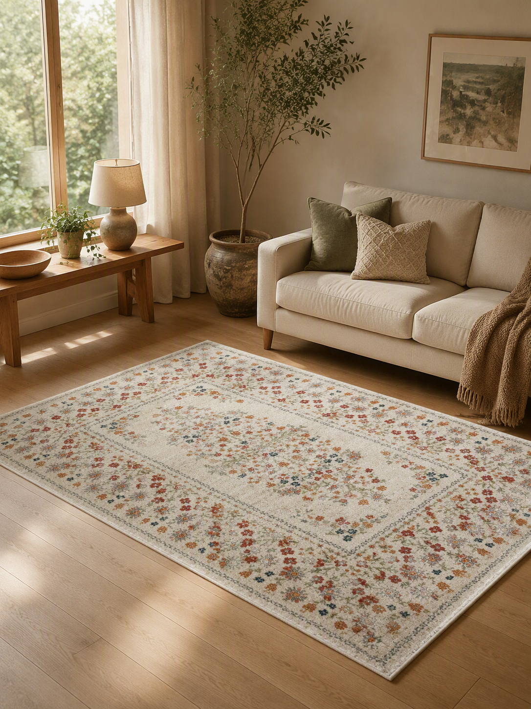 Traditional Floral Border Short Pile Area Rug
