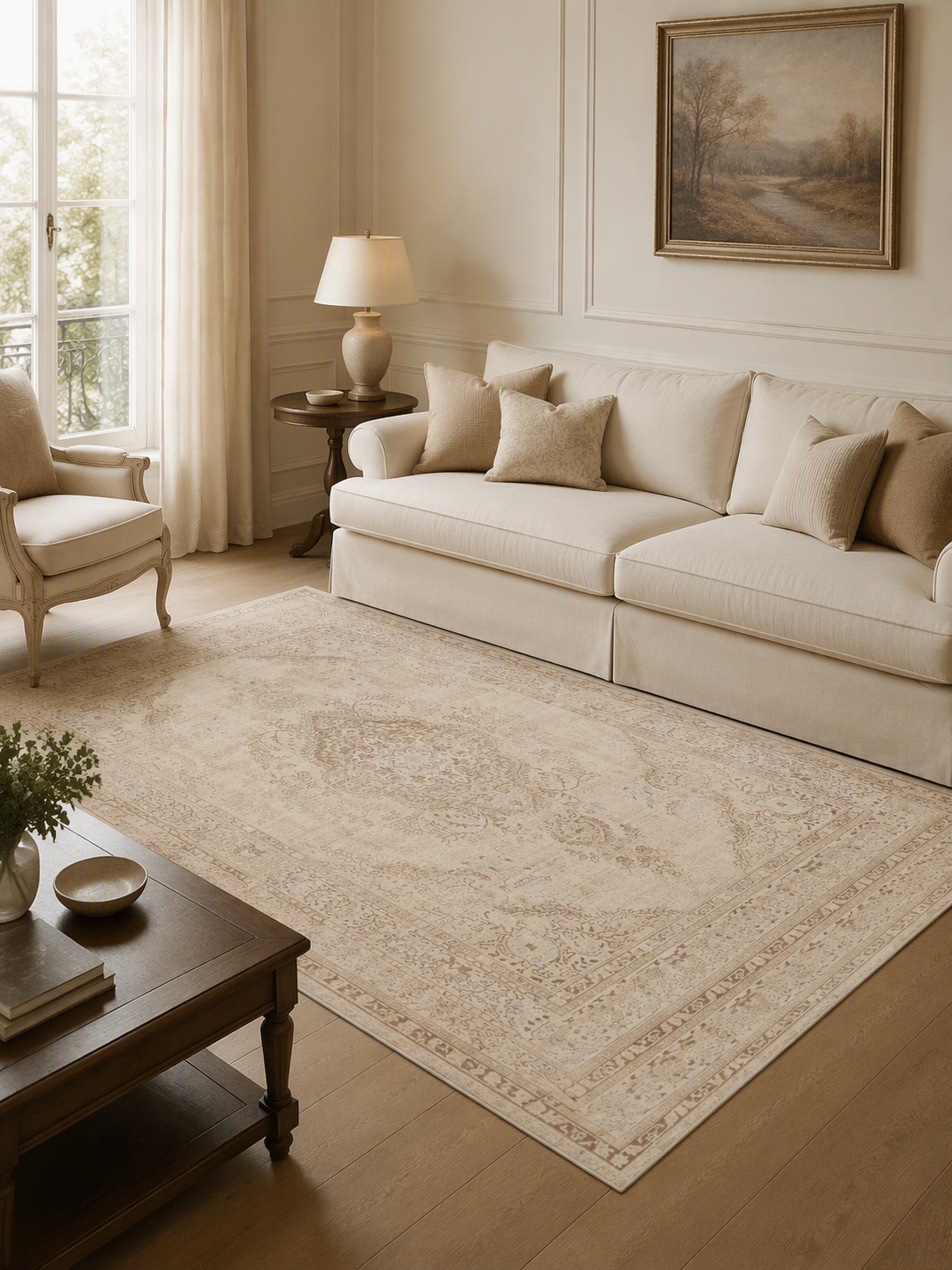 Faded Traditional Floral Short‑Pile Area Rug