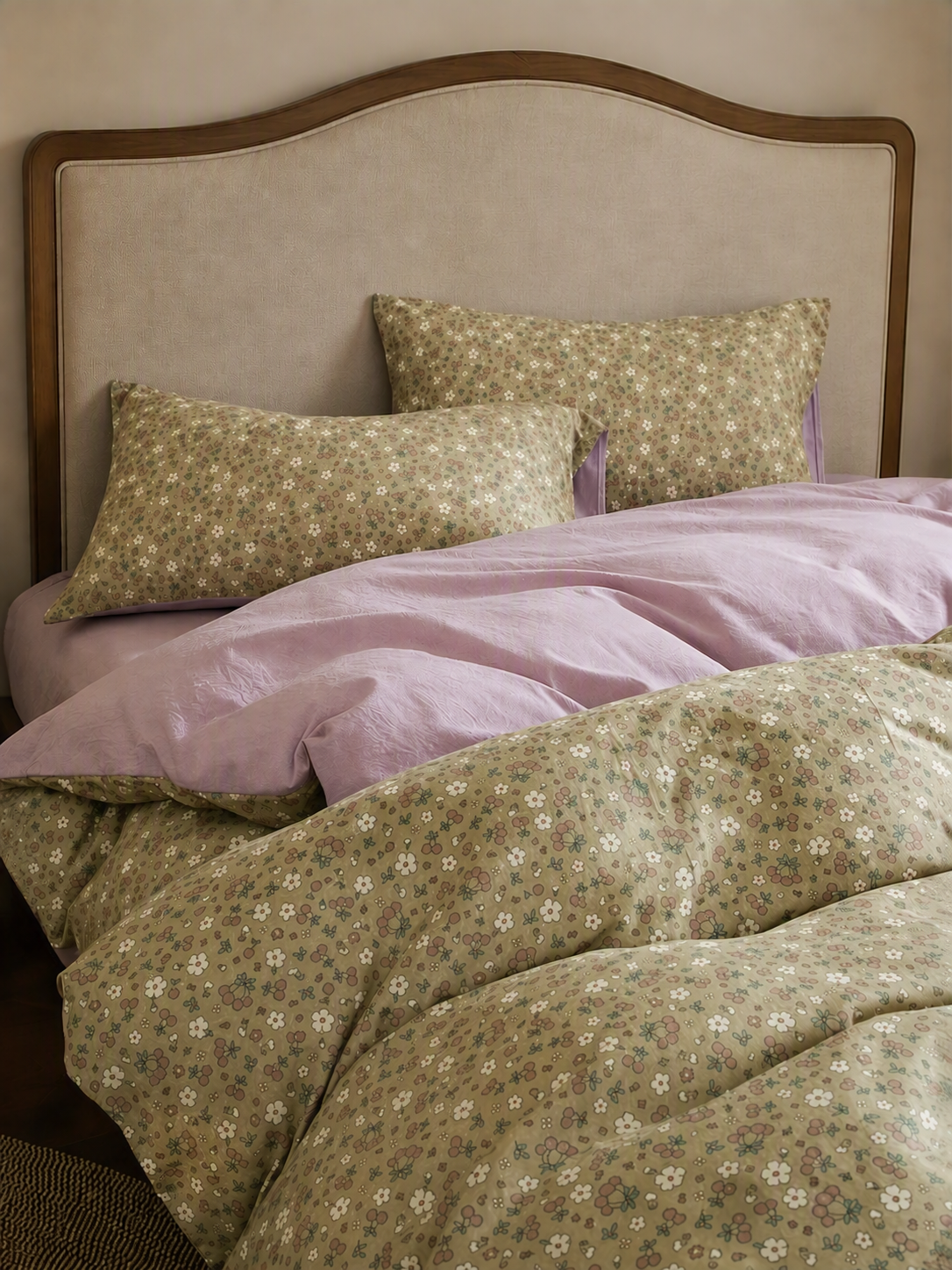5-Piece Vintage Ditsy Floral Olive Green & Lavender Reversible Bedding Set
