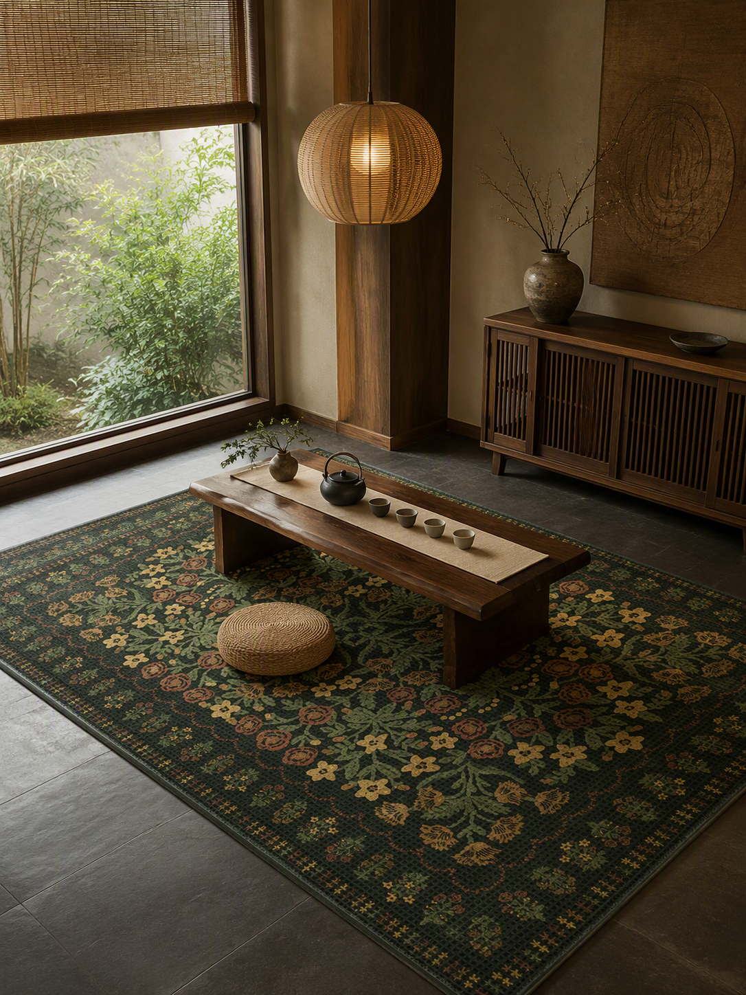 Dark Botanical Non‑Slip Area Rug