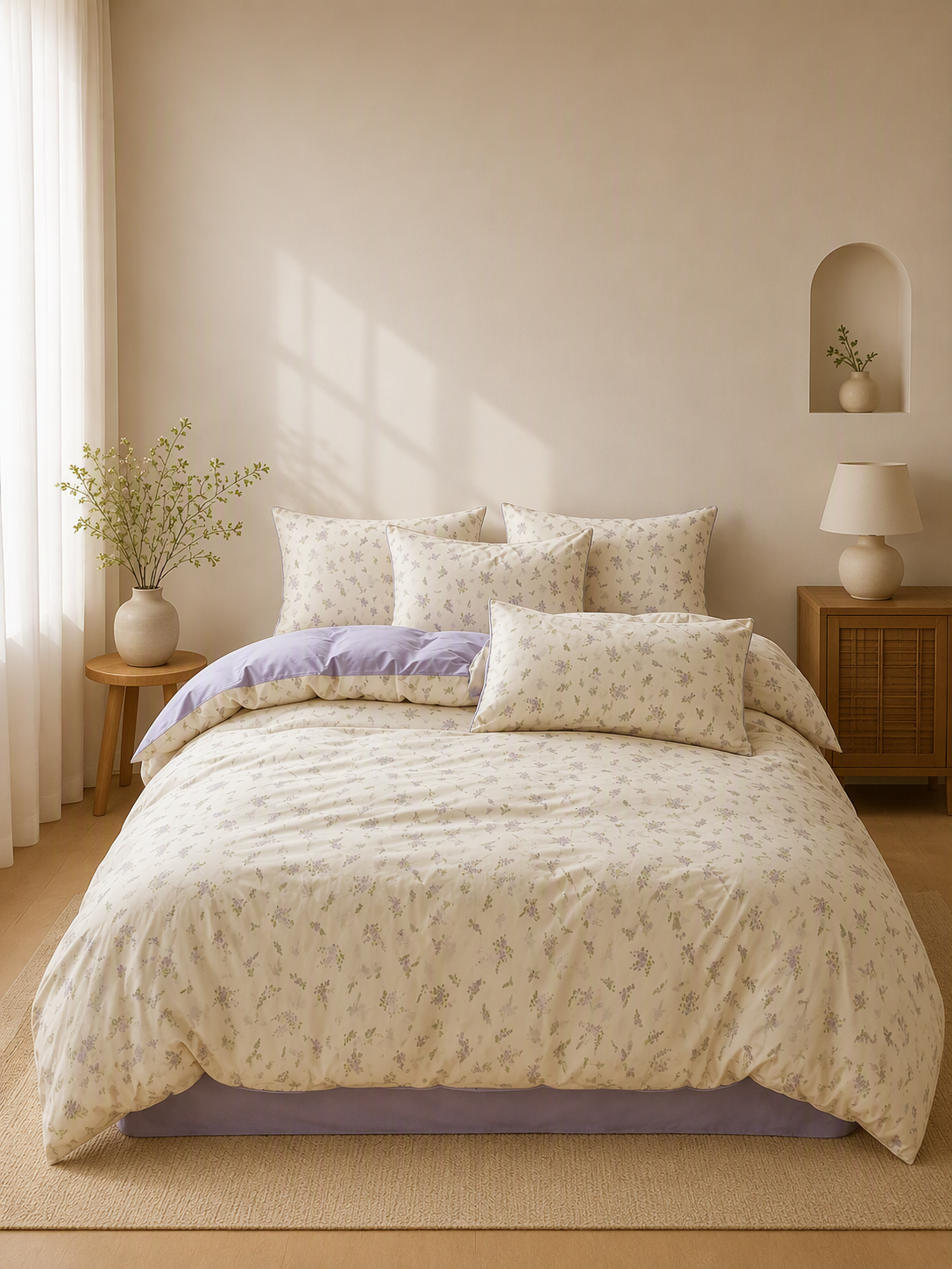 Cream Lavender Floral 100% Cotton Bedding Set